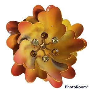 𝅺vintage Brooch Coro Enamel Flower Orange Yellow Rhinestones Center 2.5"
